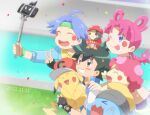  1girl 2boys ash_ketchum bangs baseball_cap black_hair blue_eyes blue_hair blush brown_eyes closed_eyes fingerless_gloves gloves hat jacket james_(pokemon) jessie_(pokemon) keystone long_hair meowth miu_(chuyu825) morpeko multiple_boys open_mouth pikachu pokemon pokemon_(anime) pokemon_(creature) pokemon_journeys red_hair rotom rotom_phone selfie shirt short_hair smile team_rocket wobbuffet z-ring 