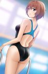  1girl ass black_one-piece_swimsuit blue_eyes breasts brown_hair commentary_request competition_swimsuit cowboy_shot dutch_angle from_behind hashi looking_at_viewer looking_back one-piece_swimsuit original pool_ladder small_breasts solo standing swimsuit two-tone_leotard 