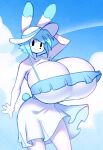  absurd_res angstrom anthro big_breasts black_eyes blue_hair breasts cleavage clothed clothing dipstick_ears dress female hair hand_behind_head hi_res huge_breasts lagomorph leporid mammal molly_(angstrom) multicolored_ears rabbit smile solo sun_hat white_body 
