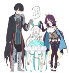  1boy 2girls armor atelier_(series) atelier_sophie atelier_sophie_2 bare_shoulders black_hair blush breasts closed_eyes diebold_lewerenz frills gloves green_eyes hair_ornament highres jewelry karasumi_(aiseec) long_hair multiple_girls open_mouth plachta ramizel_erlenmeyer short_hair simple_background smile thighhighs white_background 