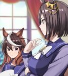  2girls absurdres air_groove_(umamusume) animal_ears black_hair bojue_(hakus_1128) bow bowtie breast_envy brown_hair ear_bow from_side hair_between_eyes highres horse_ears horse_girl indoors long_hair looking_at_another looking_at_viewer meme multicolored_hair multiple_girls orange_bow pectoral_envy_(meme) sailor_collar short_hair symboli_rudolf_(umamusume) umamusume upper_body white_bow white_bowtie white_hair window 