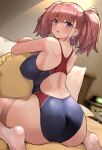  1girl alternate_costume ass atlanta_(kancolle) bangs bedroom blue_one-piece_swimsuit blush breasts brown_hair competition_swimsuit earrings grey_eyes hair_between_eyes highleg highleg_swimsuit highres jewelry kantai_collection kihou_no_gotoku_dmc large_breasts long_hair looking_at_viewer looking_back on_bed one-piece_swimsuit red_one-piece_swimsuit single_earring sitting solo star_(symbol) star_earrings swimsuit thighhighs two-tone_swimsuit two_side_up wariza white_thighhighs 