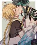  2boys aether_(genshin_impact) ahoge aqua_hair bangs bare_shoulders blonde_hair blush border braid brown_shirt cape closed_eyes commentary_request detached_sleeves french_kiss genshin_impact green_background grey_cape grey_hair grey_shirt hair_between_eyes jewelry kiss long_hair long_sleeves looking_at_viewer male_focus multicolored_hair multiple_boys necklace open_mouth outside_border paaaao01 pearl_necklace pom_pom_(clothes) shirt short_sleeves simple_background sleeveless sleeveless_shirt standing two-tone_hair white_border wide_sleeves xiao_(genshin_impact) yaoi yellow_eyes 