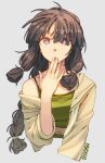  1girl :o bangs black_hair bra braid commentary cropped_torso ergot green_bra grey_background hair_between_eyes hand_to_own_mouth highres kantai_collection kitakami_(kancolle) kitakami_kai_ni_(kancolle) long_hair looking_at_viewer off_shoulder open_clothes open_shirt parted_lips purple_eyes sailor_collar signature simple_background single_braid solo sports_bra underwear upper_body very_long_hair 