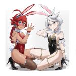  2girls absurdres ahoge alternate_costume animal_ears bangs bare_legs bare_shoulders black_leotard blue_eyes blush embarrassed fake_animal_ears fake_tail full_body gloves grey_eyes grey_hair gundam gundam_suisei_no_majo hair_between_eyes hairband high_heels highres leotard long_hair looking_at_viewer miorine_rembran multiple_girls necktie one_knee playboy_bunny rabbit_tail red_hair red_leotard smile suletta_mercury swept_bangs tail thighhighs white_gloves white_hair yellow_glasses_(odivichno) 