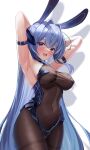  1girl absurdres andamiro animal_ears arm_strap armpits arms_behind_head arms_up azur_lane bare_arms bare_shoulders black_bodysuit black_leotard blue_eyes blue_hair blush bodystocking bodysuit breasts covered_navel cowboy_shot fake_animal_ears hair_intakes highres large_breasts leotard long_hair looking_at_viewer new_jersey_(azur_lane) new_jersey_(exhilarating_steps!)_(azur_lane) official_alternate_costume open_mouth pantyhose playboy_bunny rabbit_ears simple_background thighband_pantyhose thighs very_long_hair white_background 