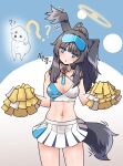  1girl absurdres animal_ears bangs black_hair blue_archive blue_eyes blunt_bangs breasts cheerleader cleavage commentary_request detached_collar dog dog_ears dog_girl ear_wiggle goggles goggles_on_head halo head_tilt hibiki_(blue_archive) hibiki_(cheerleader)_(blue_archive) highres holding holding_pom_poms long_hair looking_at_viewer navel official_alternate_costume paw_pose pleated_skirt pom_pom_(cheerleading) ponytail sidelocks skirt sleeveless solo stomach translation_request zeroku77 