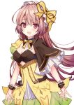  1girl atelier_(series) atelier_lydie_&amp;_suelle bangs blush bow bowtie breasts cleavage hairband highres hiryuu_kanon long_hair open_mouth pink_eyes pink_hair simple_background skirt smile solo suelle_marlen white_background yellow_bow 