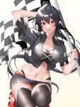  1girl bad_anatomy bad_leg black_hair black_jacket black_thighhighs blush breasts checkered_flag collarbone flag hair_between_eyes highres holding holding_flag jacket kantai_collection large_breasts long_hair navel open_clothes open_jacket open_mouth ponytail race_queen red_eyes short_sleeves simple_background solo thighhighs white_background yahagi_(kancolle) z_(knkr1025) 
