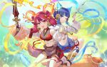  2girls :d animal_ears bangs bare_shoulders bike_shorts_under_skirt blue_eyes blue_hair blunt_bangs blush breasts cat_ears cat_tail choker closed_mouth commentary_request crop_top detached_sleeves duel_monster fake_animal_ears fiery_ears fiery_tail fire full_body green_background grey_skirt hair_between_eyes hands_up hare_the_sword_mikanko highres holding holding_hands holding_smoking_pipe holding_sword holding_weapon hsin jingle_bell_earrings long_hair looking_at_viewer medium_breasts midriff mouse_ears mouse_tail multicolored_hair multiple_girls navel nini_the_mirror_mikanko one_eye_closed open_mouth partial_commentary red_choker red_eyes red_hair see-through see-through_skirt shoes short_hair sidelocks skirt smile smoking_pipe sword tail thighhighs twintails vest weapon white_footwear white_thighhighs white_vest yu-gi-oh! 