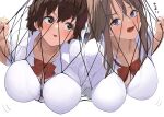  2girls bow bowtie breasts brown_eyes brown_hair cleavage commentary_request kaisen_chuui large_breasts long_hair multiple_girls open_mouth original red_bow red_bowtie school_uniform short_hair simple_background suspension white_background 