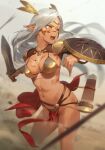  1girl absurdres armor bangs belt bikini bikini_armor blood blood_on_face breasts circlet cleavage dark-skinned_female dark_elf dark_skin elf gold_bikini grey_hair highres kinta_(distortion) long_hair looking_to_the_side medium_breasts navel open_mouth original parted_bangs pauldrons pointy_ears sheath shield shoulder_armor sidelocks solo swimsuit sword thighs weapon yellow_eyes 