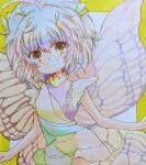  1girl antennae aqua_hair barefoot brown_eyes butterfly_wings dress eternity_larva fairy green_dress hair_between_eyes highres leaf leaf_on_head multicolored_clothes multicolored_dress nishina_masato open_mouth short_hair short_sleeves smile solo touhou traditional_media wings 