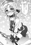  1girl akebono_(kancolle) akebono_(kancolle)_(cosplay) boots commentary_request cosplay dress flat_chest glasses gloves greyscale hat hirato_(kancolle) jacket kantai_collection kneeling looking_at_viewer monochrome race_queen short_hair solo starry_background strapless strapless_dress takana_shinno thigh_boots translation_request wavy_hair 