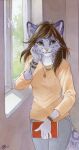  2015 5_fingers anthro biped book bracelet brown_hair clothed clothing felid female fingers fully_clothed fur hair inner_ear_fluff inside jewelry ketty_(character) looking_at_viewer mammal nekoart orange_eyes painting_(artwork) pantherine pink_nose purple_body purple_fur purple_spots snow_leopard solo spots spotted_body standing traditional_media_(artwork) tuft watercolor_(artwork) window 