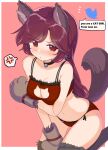  1girl anger_vein animal_ears animal_hands bell black_choker blush bra breasts brown_gloves brown_hair cat_cutout choker cleavage clothing_cutout gloves highres imaizumi_kagerou jingle_bell large_breasts long_hair meme navel panties parted_lips paw_gloves puuakachan red_bra red_eyes red_panties solo spoken_anger_vein tail touhou twitter underwear wolf_ears wolf_tail 