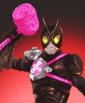  1boy absurdres armor black_armor black_background black_bodysuit bodysuit bug company_connection cycloneactionx gradient gradient_background grasshopper hammer highres holding holding_weapon kamen_rider kamen_rider_black kamen_rider_black_(series) kamen_rider_black_sun kamen_rider_black_sun_(character) kamen_rider_geats_(series) looking_at_viewer male_focus raise_hammer red_background single_shoulder_pad twitter_username two-tone_background upper_body weapon 