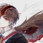  1other allergy androgynous black_suit brown_hair collared_shirt formal headgear jacket kokutenshi_hibaru len&#039;en necktie red_eyes red_tie shirt short_hair suit white_background white_shirt wings xuan9119 