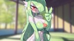  1girl absurdres blurry blurry_background breasts drunkoak gardevoir green_hair hair_over_one_eye hand_up highres large_breasts long_hair looking_at_viewer outdoors pale_skin pokemon pokemon_(creature) red_eyes solo v 