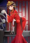  1girl azur_lane bangs blunt_bangs breasts brown_hair butterfly_hair_ornament closed_mouth dress feet_out_of_frame hair_ornament hand_fan highres holding holding_fan indoors leaning_forward light_particles long_hair long_sleeves looking_at_viewer medium_breasts night paper_fan qing_wu red_dress red_eyes smile solo standing uchiwa very_long_hair wide_sleeves yat_sen_(azur_lane) 