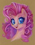  2022 blue_eyes brown_background bust_portrait colored_pencil_(artwork) earth_pony equid equine eyelashes female feral friendship_is_magic fur hair hasbro hi_res horn horse looking_at_viewer mammal maytee my_little_pony pink_body pink_fur pink_hair pinkie_pie_(mlp) pony portrait signature simple_background smile solo three-quarter_view traditional_media_(artwork) 