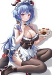  1girl alternate_costume animal apron bare_arms bare_shoulders bikini black_footwear black_thighhighs blue_hair breasts cake cake_slice cat cleavage cream cream_on_breasts cream_on_face detached_collar enmaided food food_on_face fork frilled_apron frills ganyu_(genshin_impact) genshin_impact goat_horns halterneck high_heels highres holding holding_fork horns large_breasts long_hair looking_at_viewer maid maid_apron maid_headdress mole mole_on_breast parted_lips purple_eyes side-tie_bikini_bottom side-tie_peek skindentation solo spaghetti_strap ssong2 string_bikini swimsuit thighhighs thighs tray underbust very_long_hair 