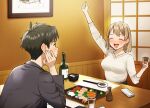  1boy 1girl alcohol arm_up black_hair black_shirt black_skirt blush bottle brown_hair choko_(cup) chopsticks closed_eyes cup doushimasho drunk food hand_on_own_face indoors long_sleeves napkin open_mouth original plate sake_bottle shirt short_hair skirt v-neck white_shirt 