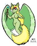  anthro biped blonde_hair blue_eyes breasts digital_drawing_(artwork) digital_media_(artwork) equid equine female flying green_body hair horn jumpstart_games long_hair magic_user mammal mane neopet_(species) neopets nipples nude reddragonkan smile solo staff uni_(neopets) video_games winged_unicorn wings 