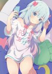  1girl absurdres arm_up barefoot bed blue_eyes blush bow cellphone clothes_writing commentary_request eromanga_sensei feet grey_hair hair_bow highres izumi_sagiri knee_up long_hair lying misashi_(raichi821) no_pants off_shoulder on_back phone pillow ribbon shirt short_sleeves smartphone solo stuffed_toy thighs toes white_shirt 