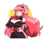  1girl artist_name bangs black_dress black_hairband blunt_bangs blush breasts cartoonized cleavage cleavage_cutout clothing_cutout commission detached_sleeves doodledox dress earrings english_commentary finger_to_own_chin fire_emblem fire_emblem:_three_houses gloves hair_behind_ear hairband highres hilda_valentine_goneril jewelry large_breasts long_hair looking_to_the_side open_hand pink_eyes pink_hair red_gloves smile solo toon_(style) twintails very_long_hair 