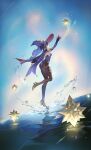  1girl absurdres cape constellation elbow_gloves genshin_impact gloves hat high_heels highres leg_up long_hair looking_up mona_(genshin_impact) reaching spade-m star_(sky) twintails wading water witch_hat 