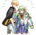  1boy 1girl :d blazer blonde_hair blue_pants blue_skirt borrowed_pose cardigan cosplay diagonal-striped_bowtie diagonal-striped_necktie embarrassed green_hair hair_ornament hand_in_pocket jacket kamiyama_high_school_uniform_(project_sekai) kusanagi_nene long_hair long_sleeves open_mouth pants plaid plaid_skirt pleated_skirt pose project_sekai pyongtaro school_uniform shinonome_akito shinonome_akito_(cosplay) shiraishi_an shiraishi_an_(cosplay) shirt skirt smile sparkle star_(symbol) star_hair_ornament tenma_tsukasa v_over_eye white_shirt yellow_eyes 