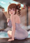  1girl ahoge arm_support ass blush brown_hair highres idolmaster idolmaster_million_live! kamille_(vcx68) looking_at_viewer looking_back naked_towel onsen purple_eyes shoulder_blades side_ponytail sidelocks smile solo steam towel wavy_hair wooden_wall yokoyama_nao 