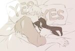  1boy 1girl bare_shoulders bed_sheet blanket blush closed_eyes closed_mouth hand_on_another&#039;s_shoulder hug husband_and_wife long_hair monochrome short_hair sleeping spy_x_family takasawa_kz_e twilight_(spy_x_family) yes-no_pillow yor_briar 