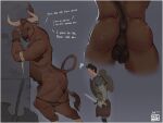  4:3 anthro anus balls bodily_fluids bovid bovine butt duo european_mythology genitals greek_mythology horn human humanoid jumpy_jackal male male/male mammal melee_weapon minotaur mythology scar size_difference sweat sword weapon 