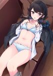  1girl :o bangs black_eyes black_hair black_jacket blue_bra blue_panties blush bow bow_bra bow_panties bra breasts commentary_request couch feet_out_of_frame frilled_bra frills hands_on_own_chest indoors jacket knees_up kotohane long_hair long_sleeves low_twintails lying navel on_back on_couch open_clothes open_jacket open_mouth open_shirt original panties polka_dot polka_dot_bra polka_dot_panties shirt small_breasts solo stomach swept_bangs twintails underwear white_shirt wooden_floor 