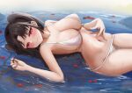  1girl bangs bare_arms bare_shoulders bikini black_hair breasts cleavage closed_mouth collarbone commission from_side hand_on_own_stomach highres iro_(boo_iro) large_breasts looking_at_viewer looking_to_the_side lying navel on_back original parted_bangs petals petals_on_liquid red_eyes shallow_water smile solo stomach swimsuit twintails wakamezake water wavy_mouth white_bikini 