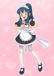  1girl :d absurdres apron bangs black_dress black_footwear blue_eyes commentary_request dawn_(pokemon) dress eyelashes frills full_body hands_up heart heart_hands highres knees looking_at_viewer maid maid_headdress miraa_(chikurin) neck_garter open_mouth outline pink_background pokemon pokemon_(anime) pokemon_dppt_(anime) ponytail shoes short_sleeves sidelocks smile solo sparkle thighhighs tongue white_apron 