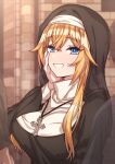  1girl 2boys blonde_hair blue_eyes blush breasts brick_wall cross cross_necklace erere habit hand_on_own_cheek hand_on_own_face jewelry large_breasts looking_at_another multiple_boys necklace nun original smile solo_focus transparent upper_body 