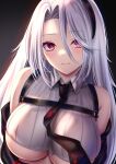  1girl akeyama_kitsune azur_lane bare_shoulders black_background black_hairband black_necktie blush breasts closed_mouth collared_shirt commentary_request hair_between_eyes hairband large_breasts long_hair looking_at_viewer mole mole_under_eye necktie prinz_heinrich_(azur_lane) red_eyes shirt simple_background solo underboob upper_body white_hair 