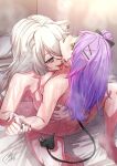  2girls ajula_wachula blush breasts commission completely_nude demon_girl demon_tail ear_piercing green_eyes grey_eyes grey_hair hair_bun hair_ornament hairclip highres hololive indoors large_breasts licking_another&#039;s_neck long_hair multiple_girls nipples nose_blush nude on_bed open_mouth piercing pillow purple_hair shiny shiny_skin shishiro_botan signature skeb_commission sweat tail tail_ornament tail_ring tears tokoyami_towa virtual_youtuber x_hair_ornament yuri 
