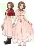  1girl aerith_gainsborough alternate_hairstyle arm_behind_back bangle bangs bare_shoulders basket boots border bracelet breasts brown_footwear brown_hair choker cleavage cropped_jacket dress feet_out_of_frame final_fantasy final_fantasy_vii final_fantasy_vii_remake flower_basket flower_choker full_body green_background green_eyes holding holding_basket jacket jacket_removed jewelry light_smile long_dress looking_at_viewer medium_breasts multiple_views parted_bangs perlmuttt pink_dress puffy_short_sleeves puffy_sleeves red_jacket short_hair short_sleeves skirt_hold standing sundress wavy_hair 