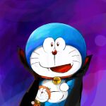  1:1 2020 absurd_res anthro bell blue_body blue_fur clone collar domestic_cat doraemon doraemon_(character) duo felid feline felis front_view fur hi_res looking_at_viewer machine male mammal mouth_closed mt_tg open_mouth pouch_(anatomy) pumpkin_costume purple_background red_collar red_nose robot shaded sharp_teeth simple_background standing teeth tongue vampire_costume white_body white_fur 