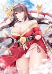  1girl absurdres azur_lane bare_shoulders breasts brown_hair cameltoe cleavage clothes_lift collarbone dress floating_hair from_below grin hair_between_eyes highres japanese_clothes kimono large_breasts long_hair mask mask_on_head obi off-shoulder_dress off_shoulder panties red_dress red_eyes red_kimono samip sash side-tie_panties skirt skirt_lift sky smile string_panties taihou_(azur_lane) thigh_gap thighs twintails underwear 