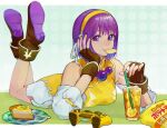  1girl alternate_color asamiya_athena blue_background boots breasts chips_(food) dress eating fingerless_gloves food gloves hair_ornament hairband hand_on_own_cheek hand_on_own_face jewelry looking_at_viewer lying medium_breasts on_stomach oni_gini orange_juice orange_nails playstation_controller polka_dot polka_dot_background purple_eyes purple_hair smile solo star_(symbol) star_hair_ornament tart_(food) the_king_of_fighters the_king_of_fighters_xv the_pose yellow_hairband 