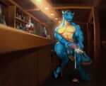  anthro balls bar big_balls big_penis blue_body blue_claws blue_eyes blue_horn blue_penis blue_scales blue_teeth blue_tongue bodily_fluids claws cum cum_collecting cum_on_ground cumshot ejaculation erection fangs front_view genital_fluids genitals glistening glistening_eyes hi_res horn humanoid_genitalia humanoid_penis inside laser_(artist) male muscular muscular_anthro muscular_male nude open_mouth penis scales signature sitting solo species_request tongue yellow_body yellow_scales 