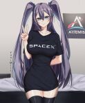  1girl absurdres azur_lane black_shirt blue_eyes commission commissioner_upload grey_hair highres intrepid_(azur_lane) long_hair looking_at_viewer shirt simple_background smile spacex very_long_hair yuni_miii 