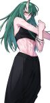  1girl abs absurdres arknights bare_arms bare_shoulders black_pants breasts brown_eyes closed_mouth feet_out_of_frame green_hair highres horns hoshiguma_(arknights) kimo_suna long_hair looking_at_viewer medium_breasts nipples oni_horns pants simple_background single_horn skin-covered_horns solo sports_bra standing stretching toned v-shaped_eyebrows very_long_hair white_background 