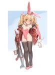  1girl alternate_costume animal_ears assault_rifle bag bangs bare_shoulders black_thighhighs blonde_hair blue_archive blush border bow bow_legwear bowtie breasts brown_eyes closed_mouth collarbone covered_navel detached_collar duffel_bag embarrassed fake_animal_ears fn_scar full_body groin gun hair_between_eyes hair_ribbon high_heels highres holding holding_gun holding_weapon jacket leotard long_sleeves looking_away medium_hair nemo_(leafnight) off_shoulder open_clothes open_jacket pink_bag pink_bow pink_footwear pink_leotard pink_ribbon playboy_bunny rabbit rabbit_ears red_jacket ribbon rifle sidelocks sleeves_past_wrists small_breasts solo standing stuffed_animal stuffed_bunny stuffed_toy thighhighs thighs twintails weapon white_border yoshimi_(blue_archive) 