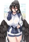  1girl black_hair black_wings blue_archive blue_jacket blue_shorts blush breasts choker clipboard collarbone feathered_wings gym_uniform hair_between_eyes halo hasumi_(blue_archive) hasumi_(gym_uniform)_(blue_archive) high_ponytail highres huge_breasts jacket long_hair long_sleeves looking_at_viewer low_wings mole mole_under_eye official_alternate_costume open_mouth red_eyes shirt short_shorts shorts shunichi solo thick_thighs thighs very_long_hair white_shirt wings 